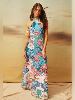 The Agua Bendita Darmy Maxi Dress brings vibrant florals and cutout detail MED
